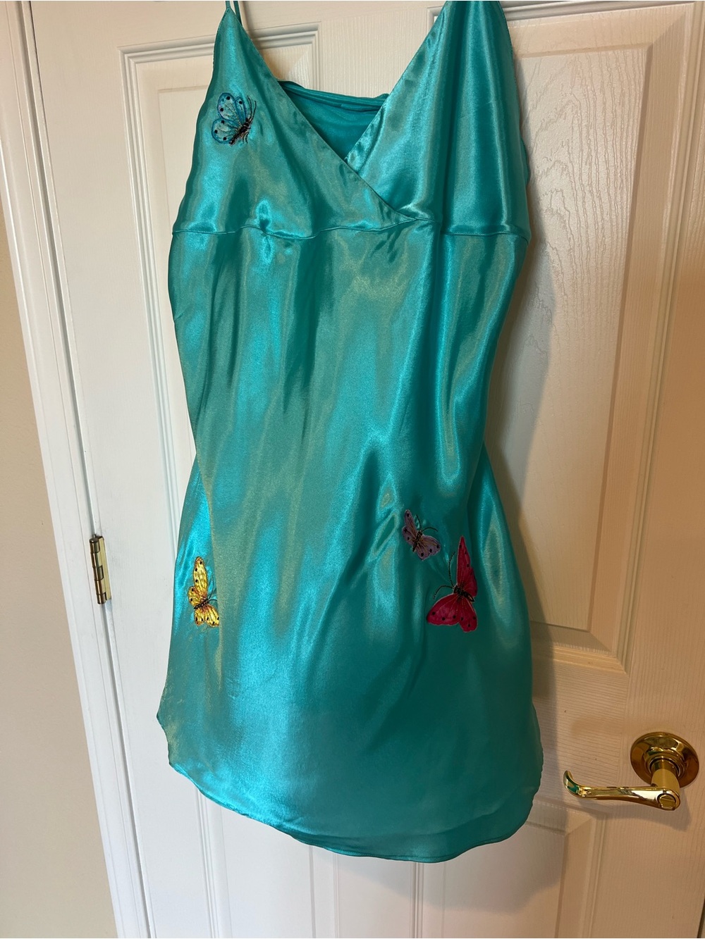 Annabelle Turquoise Satin Silk embroidered butterflies Slip
